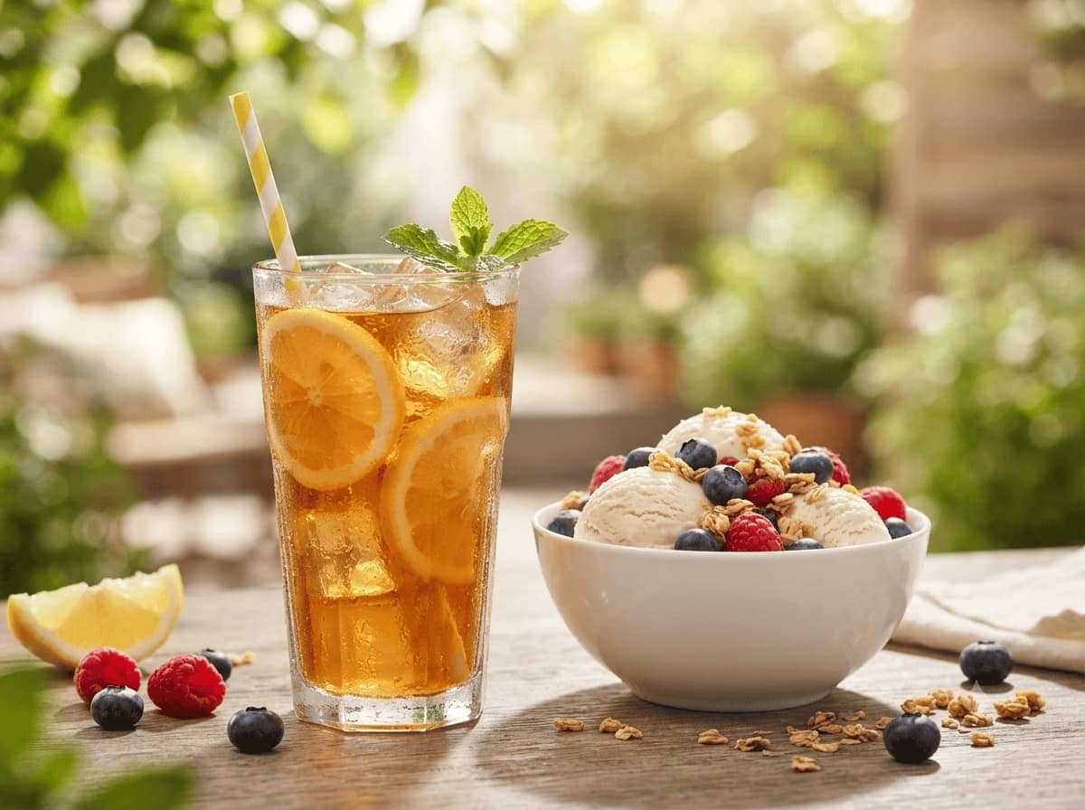 Drei sommerliche Herbalife-Rezepte: Eistee, Protein-Eis und Smoothie auf einem Holztisch mit Obst